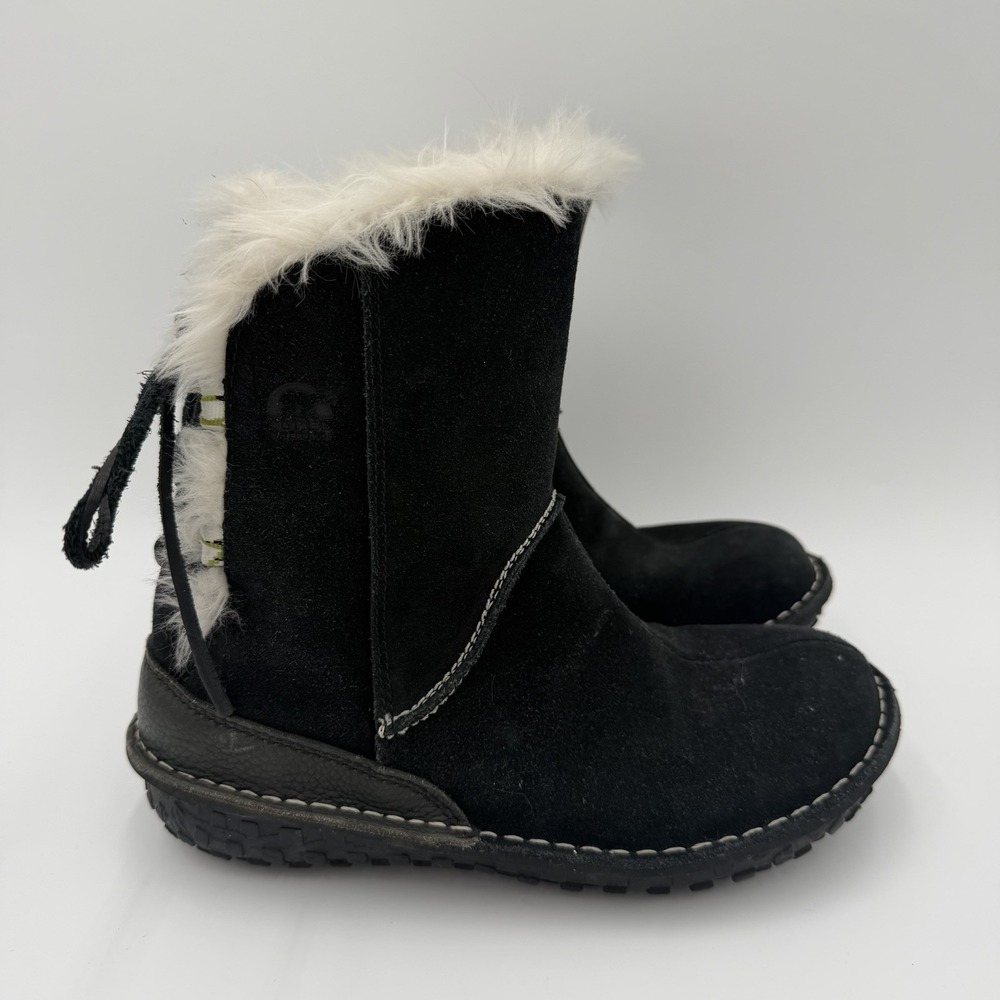 Sorel MALINA Boots Suede Winter Snow Boots Black Lace Up Faux Fur Women 6.5‎